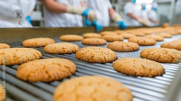 Obraz Freshly Baked Cookies on a Production Line in a Bakery