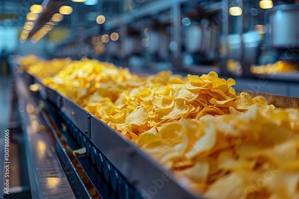 Fototapeta A conveyor belt transports freshly made potato chips in a factory setting, showcasing the production process and the golden chips ready for packaging and distribution.