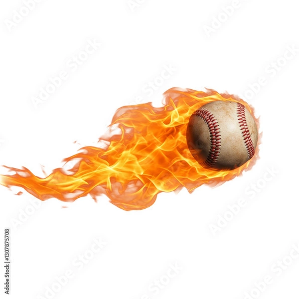 Fototapeta Flying baseball on fire. A baseball engulfed in red flames, isolated on transparent, Cutout 