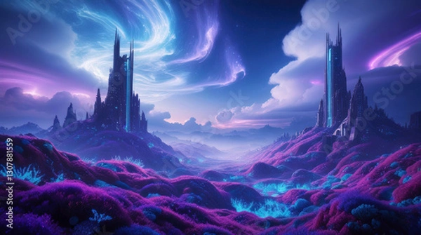 Obraz Surreal futuristic cityscape with dreamlike lavender fields and glowing skies. 3D illustration. Background