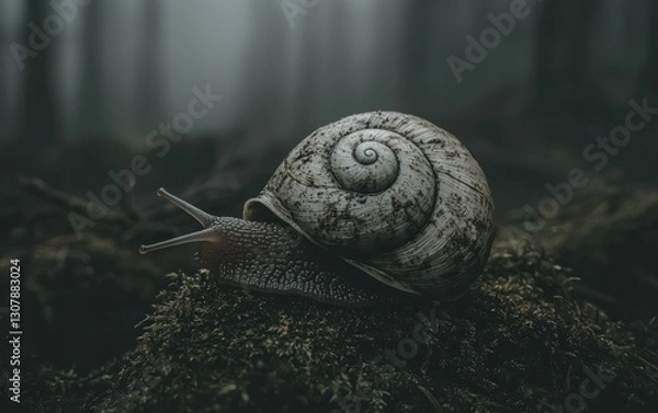 Fototapeta Snail in foggy forest, close-up.