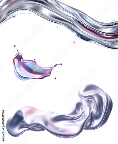 Obraz silver irridescent frozen liquid metal shapes.  High-gloss reflective surfaces. isolated
