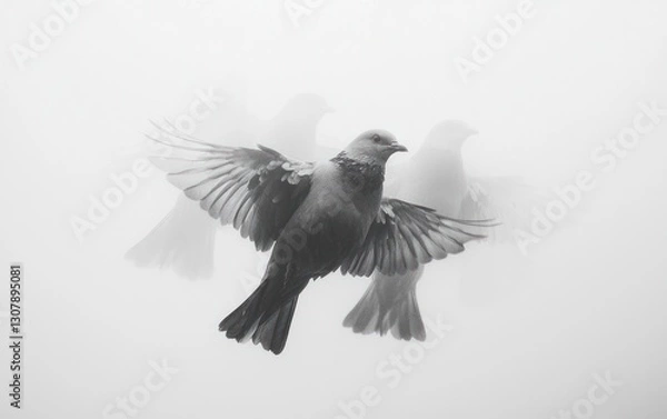 Obraz A grayscale image of a bird in flight, with blurred ghostly images of other birds in the mist.