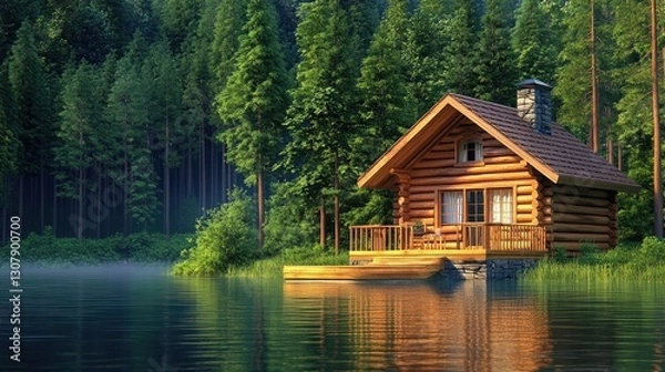 Obraz Tranquil lakeside cabin surrounded by pine trees, ideal for nature tourism retreats.