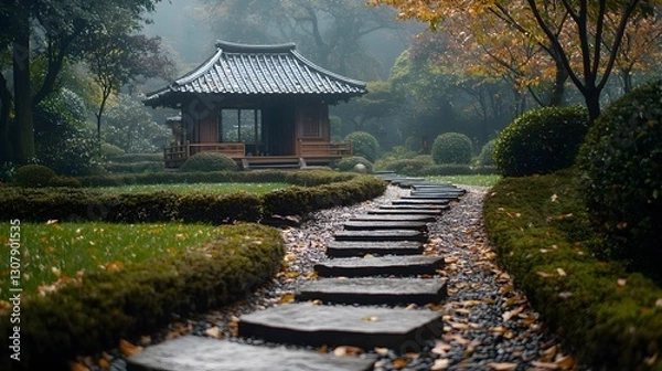 Obraz Quaint small house tucked away in a lush green forest surrounded by tall trees and natural beauty of the woods