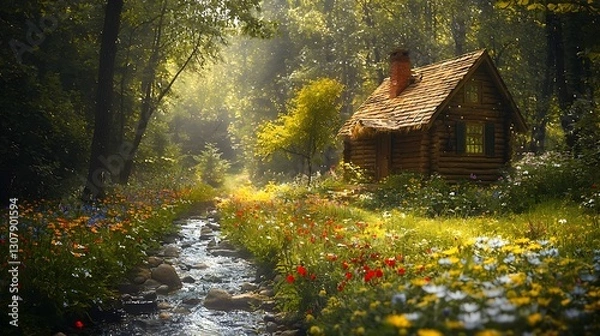 Obraz Quaint small house nestled in the woods surrounded by tall trees and nature providing a perfect retreat