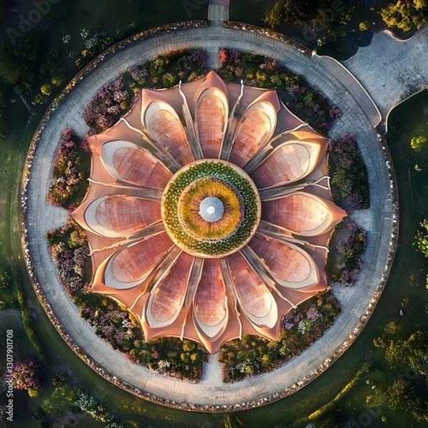 Obraz Unique flower shaped structure in a lush park setting surrounded by greenery and colorful seasonal blooms