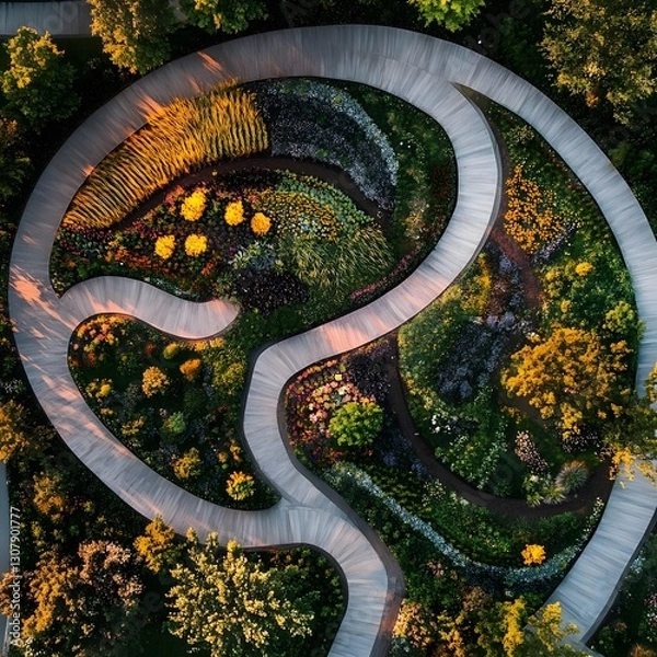 Obraz Circular garden pathway leading through a beautifully designed floral space creating a tranquil outdoor environment