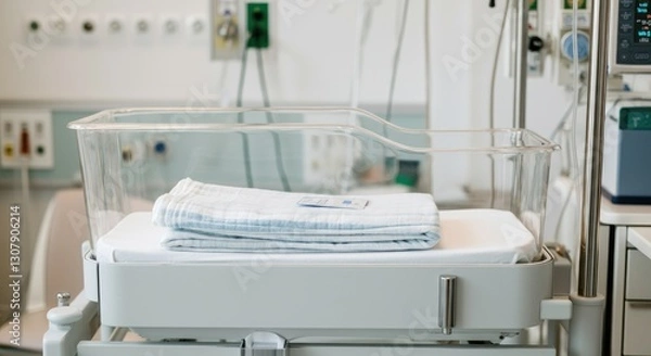 Fototapeta Empty hospital baby bassinet with blanket