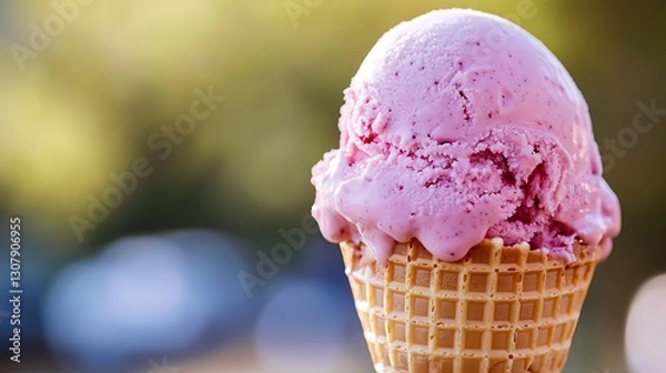 Fototapeta Scoop of Purple Ice Cream in a Waffle Cone / ワッフルコーンに乗った紫のアイスクリーム