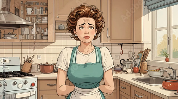Fototapeta A retro-style illustration of a frazzled English woman in a 1950s kitchen, with hair in rollers, an apron, and a slightly stressed expression