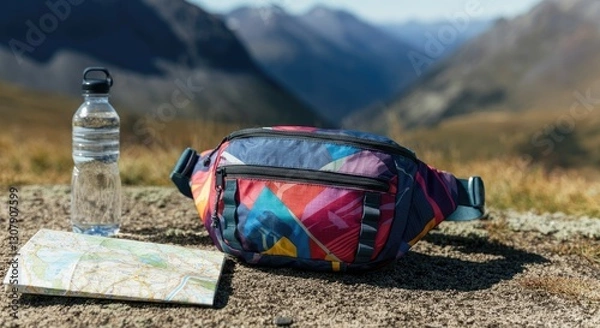 Obraz Vibrant fanny pack, water bottle, and map on mountain trail
