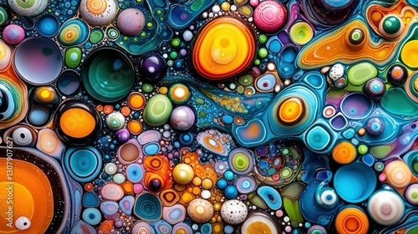 Obraz Captivating orbs float harmoniously in a swirling sea of vibrant colors, forming a mesmerizing abstract display that evokes joy and curiosity amidst artistic chaos.