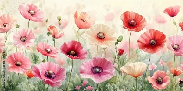 Obraz Flower field bursting with colorful poppies under soft morning light in a serene landscape setting