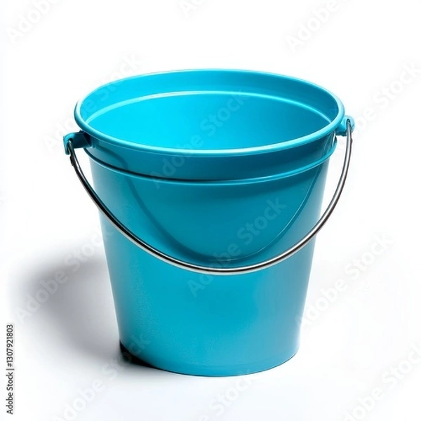 Fototapeta Modern still life of a skyblue plastic bucket with metallic handle, centered on a seamless white background with soft shadowing for depth