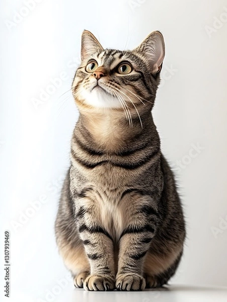 Fototapeta Elegant tabby cat with bright eyes sitting gracefully and looking upward : Generative AI