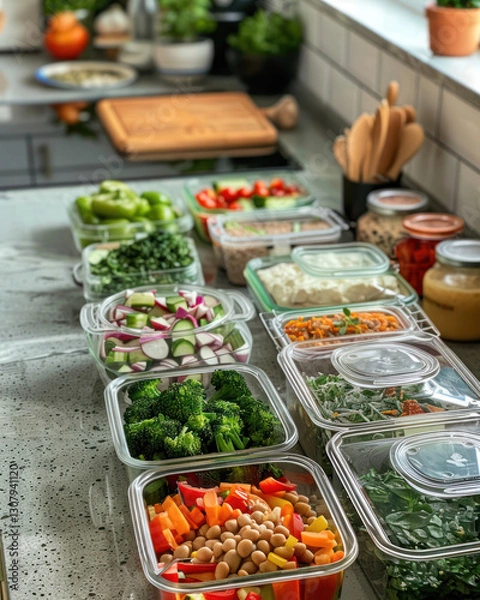 Fototapeta A kitchen counter filled with plant-based meal prep containers, ready for a busy week