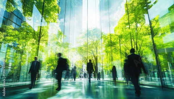 Fototapeta The concept of sustainability in business centers, crowds of business people walking at a corporate office in a green city downtown, abstract motion blur image with blurred background,