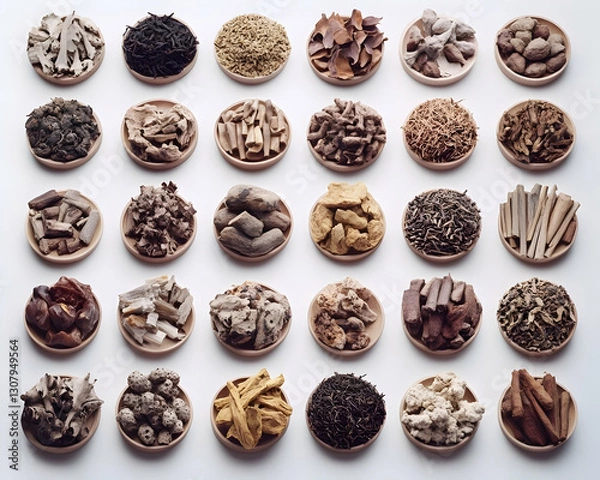 Fototapeta Collection of Dried Herbs and Spices in Wooden Bowls -  A Detailed Photographic Illustration