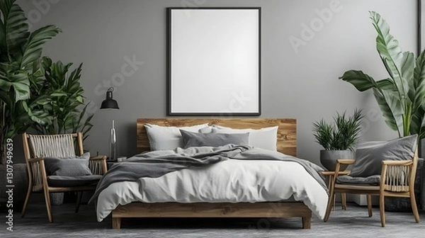 Fototapeta Blank white poster mockup in a cozy bedroom. 3D rendering