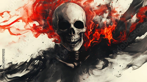 Obraz Haunting skeletal apparition shrouded in billowing ink flames with fiery red skull. Shadowy - Alley. Illustration