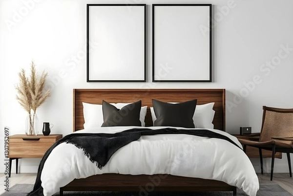 Fototapeta Blank white poster mockup in a cozy bedroom. 3D rendering