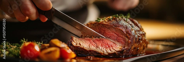 Obraz Cooked Roast Beef Being Sliced