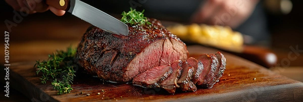 Obraz Cooked Roast Beef Being Sliced