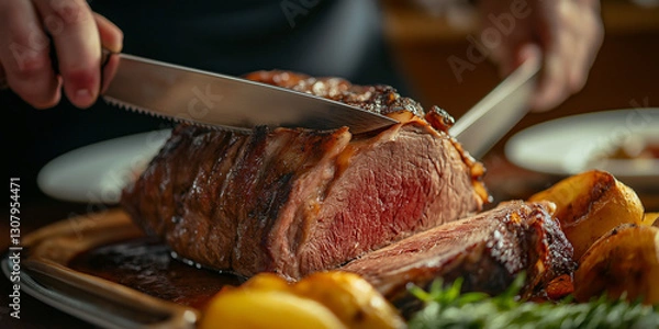 Obraz Cooked Roast Beef Being Sliced