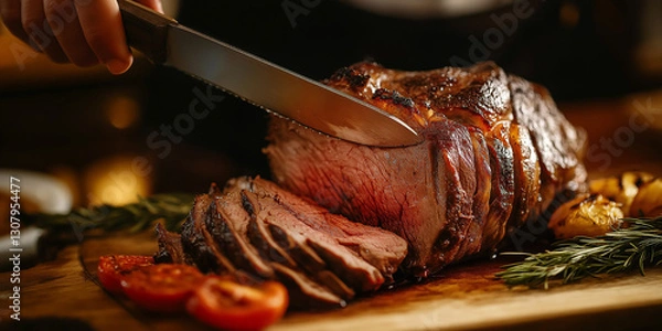 Fototapeta Cooked Roast Beef Being Sliced