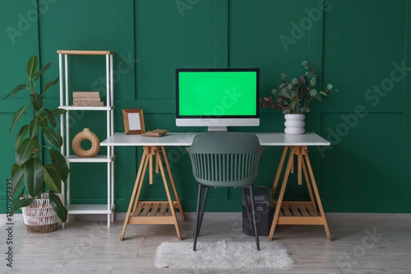 Fototapeta Modern workplace with computer and shelving unit near green wall in room
