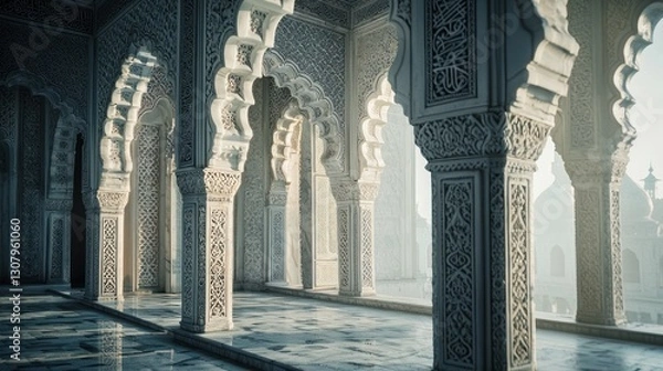 Obraz Ornate arches and columns in a sunlit, Islamic-style building.