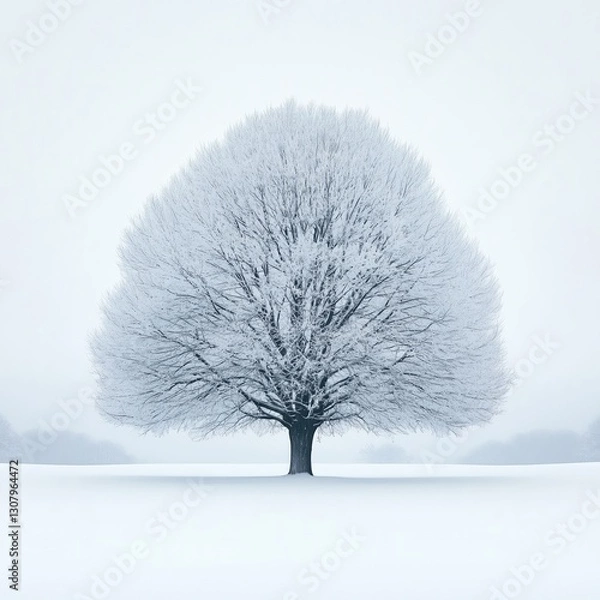 Fototapeta A large tree covered in snow against a white background in a winter landscape.