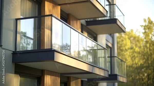Fototapeta Modern building balconies with glass railings surrounded by lush greenery in warm evening light.