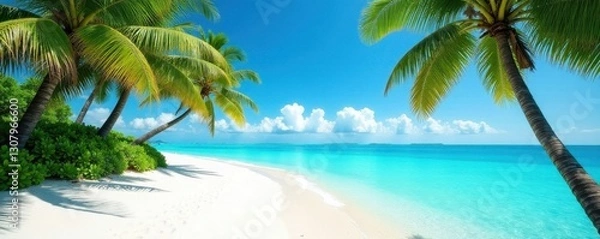 Fototapeta Azure water laps white sand, palm trees sway gently , relaxation, blue