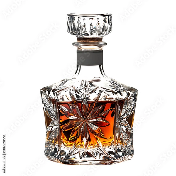 Obraz A crystal decanter filled with deep amber whiskey, glistening under soft golden light, isolated on a white background.