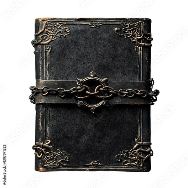 Obraz A dark grimoire sealed with chains, isolated on a white background.