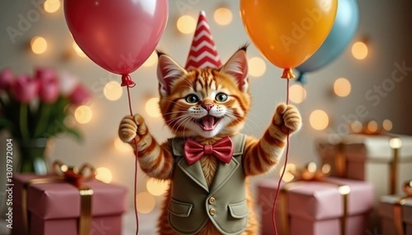 Fototapeta Charming cat in stylish party attire holding balloons in festive scene