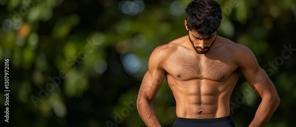 Obraz Muscular Man Posing Outdoors, Fit Body, Strong Physique