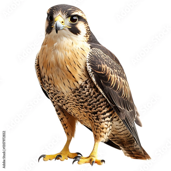 Obraz A fire-winged falcon with a fierce gaze, isolated on a white background.
