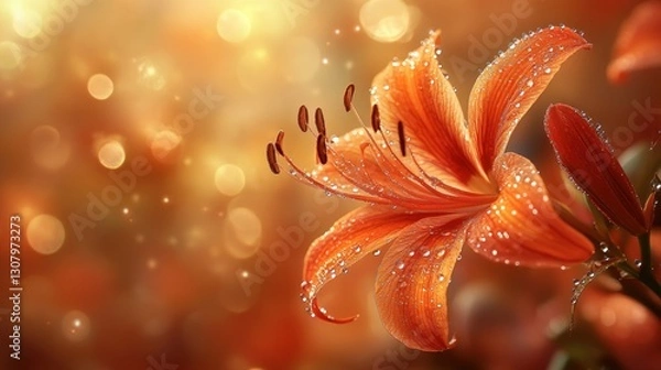 Fototapeta Dewy orange lily, autumnal bokeh background