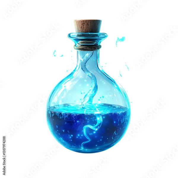 Obraz A glowing potion bottle bubbling with blue liquid, isolated on a white background.