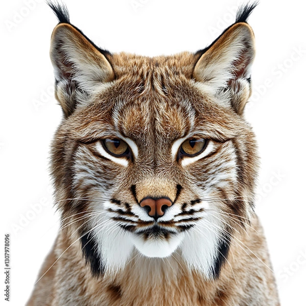 Obraz A lynx with tufted ears and sharp eyes, isolated on a white background.