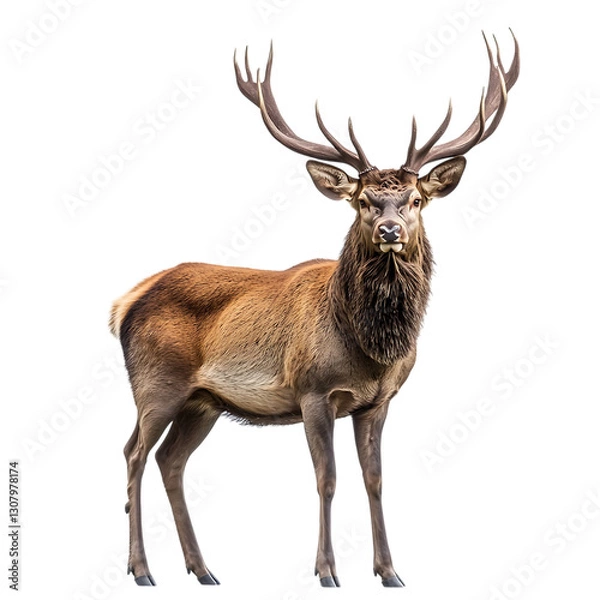 Obraz A majestic red deer with large antlers, isolated on a white background.