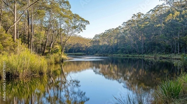 Fototapeta Serene river reflecting trees and sky in tranquil forest.