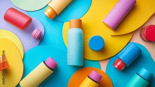 Fototapeta Colorful cosmetic bottles on a vibrant geometric background
