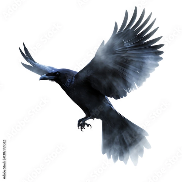Obraz A raven with its wings transitioning into dark mist, isolated on a white background.