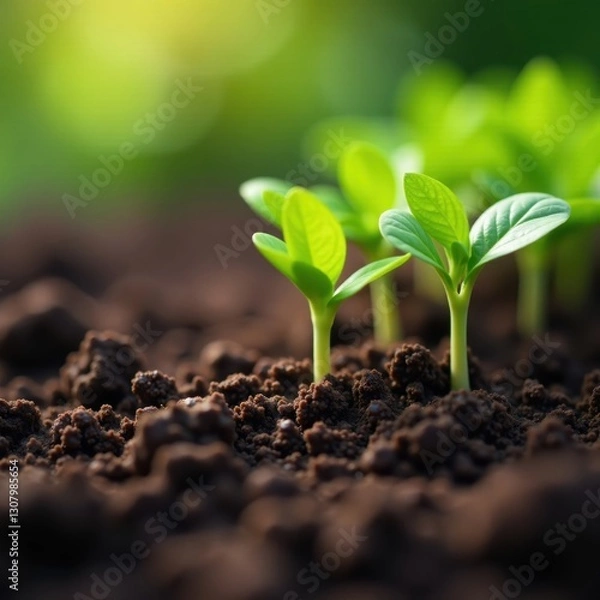 Fototapeta Close-up of small seedlings sprouting from fertile soil, surrounded by gardening equipment , hope, young
