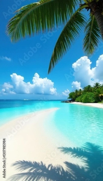 Fototapeta Idyllic Funadhoo beach, turquoise water, vivid blue sky , vibrant, turquoise