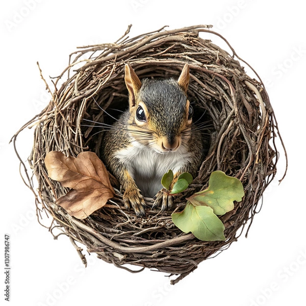 Obraz A squirrel nest made of twigs and leaves, isolated on a white background.